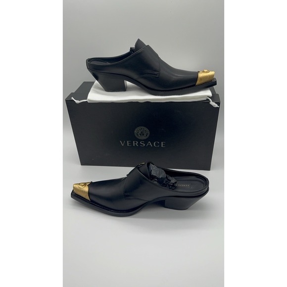 Versace Black Gold Leather Mules Heels Medusa  Bucklel Women's 40 EU New - Picture 6 of 16